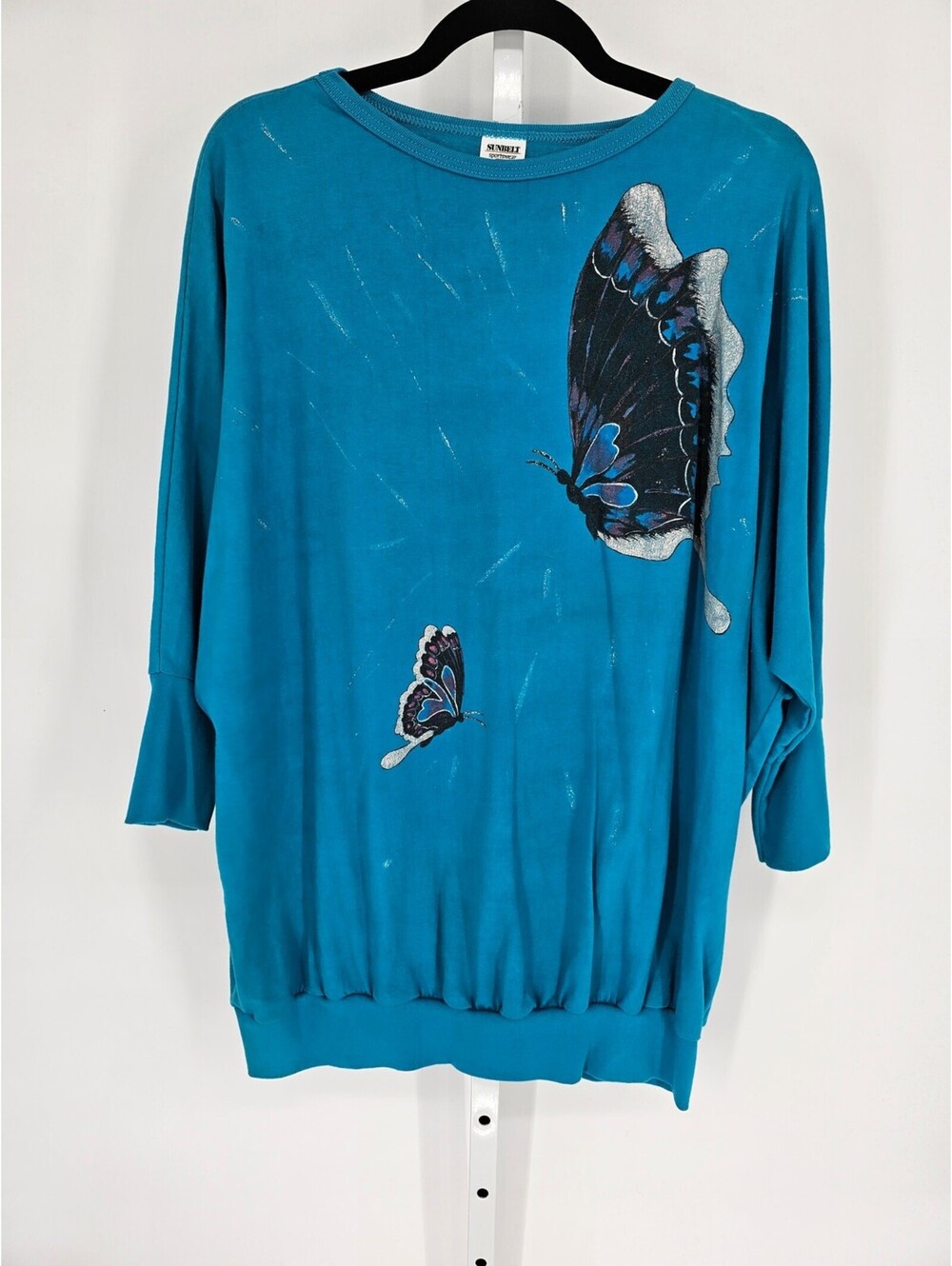 1980s Sunbelt Sportswear Blue Butterfly Long Sleeve Boat-Neck Sweater One Size